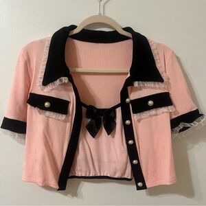 Pink and black bolero button down with pearl and ruffle trim detailing